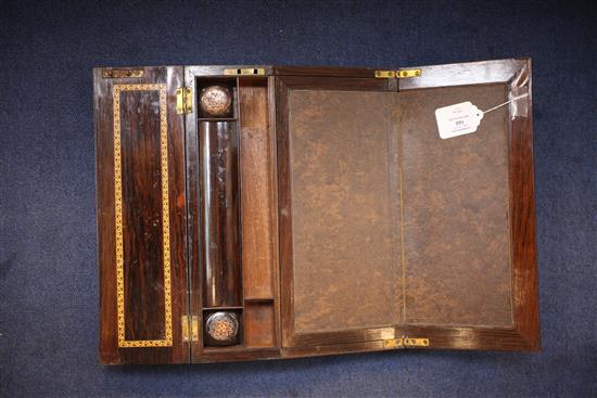 A Victorian rosewood Tunbridgeware writing slope, 14in.